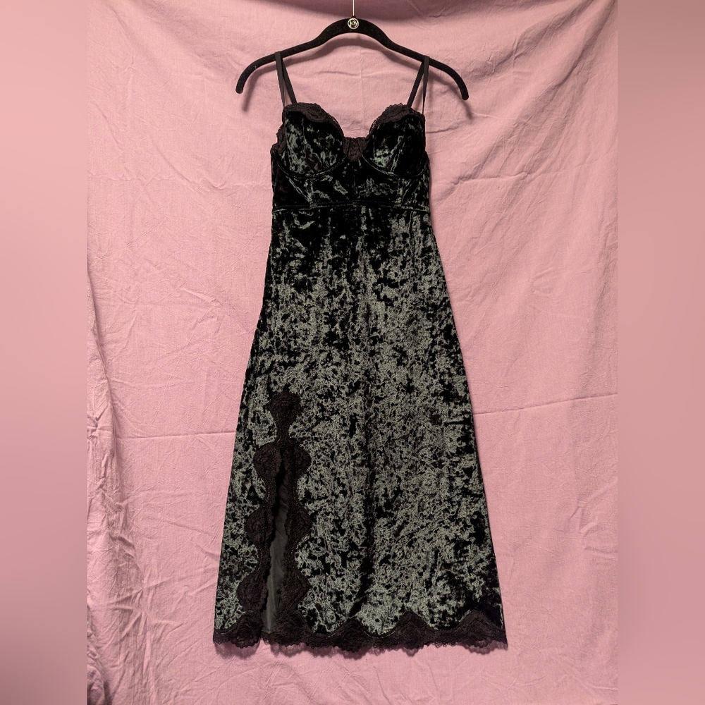 Victoria's Secret Black Velvet Lace Trim Midi Dress